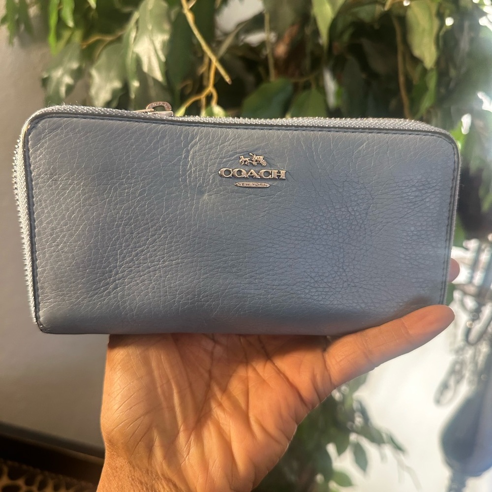 Coach Light Blue Leather accordion Zip Wallet